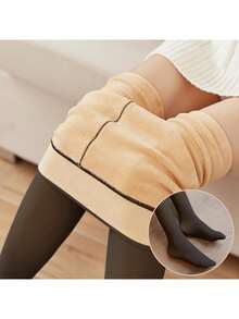 1 Piece Black 600D Fleece Lined Thermal Tights For Women, Minimalist And Fashion Pantyhose - 杏色 - 查看 6