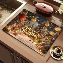 1pc Christmas Santa, Snowman & Tree Printed Silicone Coffee Drink Coaster, Anti-Slip Absorbent Washable Drainage Mat For Countertop, Kitchen, Dining Table, Holiday Decor