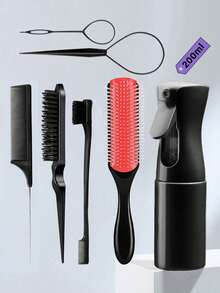 Juego de 7 piezas de cepillos y peines para el cabello, incluye: 1 botella de spray de 200ml, 1 bucle para trenzar el cabello, 1 cepillo de teasing, 1 peine con punta de rata, 1 peine separador de rayas para teñir el cabello, 1 cepillo desenredante para cabello rizado, cabello negro, afro de textura 3a a 4c ondulada, para cabello húmedo/seco/largo y grueso rizado, que exfolia el cabelludo para lograr rizos hermosos y brillantes (negro, rosa, morado) - Negro - Ver 2