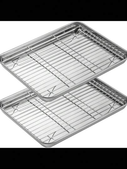 万圣节不锈钢烤盘烧烤套装，包含烤盘、冷却架、蒸架和烤箱架，便携式户外厨房烧烤盘，不粘涂层，适合烤牛排，配有金属丝或网状滴油架，可用于烤箱和洗碗机。烹饪必备，适合返校季、夏季、万圣节和圣诞节。