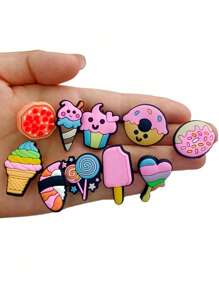 10pcs New Design Detachable Clogs Beach Sandals Accessories Charms, Cute Pink Dessert & Ice Cream Patterns, Clog DIY Decorations School
