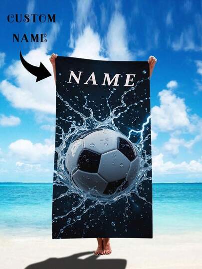 SRH 1pc Customized Beach Towel, Navy Blue Background With Splashing Black & White Soccer Ball Design And Lightning, Presenting A Strong Sports Vibe. Customizable Text, Multiple Font & Color Options. Lightweight 240gsm Microfiber Material, Super Absorbent, Suitable For Bathroom, Beach, Pool. An Ideal Personalized Gift For Family, Friends, Summer Vacation, Halloween, Christmas, Graduation, Wedding, Birthday
