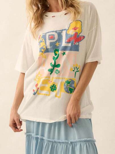 Women's Summer Casual Tops Short Sleeve Round Neck Letter Floral Print Loose Fit T-Shirt