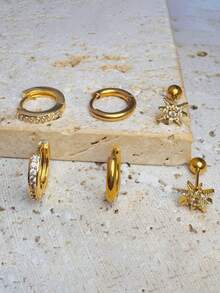 3 Pairs Cubic Zirconia Star Stud Earrings, 14K Gold Plated, Suitable For Earlobes, Cartilage, Helix And Other Ear Piercings, Unisex - 3Pairs-gold1# - View 3