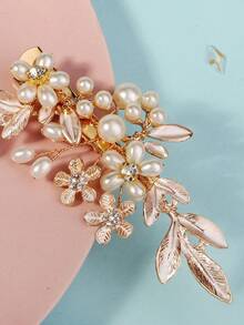 1pc Elegant Floral & Leaf Rhinestone Faux Pearl Decorated Garden Wedding Bridal/Bridesmaid Hair Clip Accessory Valentine's Day Accessories - Gold - View 10