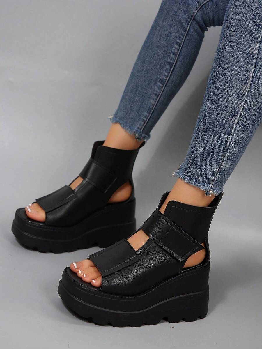 Summer New Breathable Women Black Thick Sole Lace-Up Ankle Boots With Back Zipper, Fashion Versatile Comfortable Soft Bottom Platform High Heel Sandals Suitable For Casual, Holiday, Party, Beach Wear, Plus Size - Black - View 1