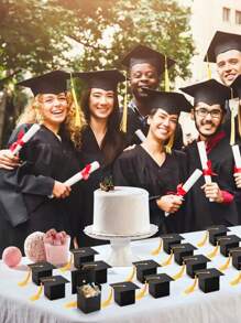 Set de 5 piezas/10 piezas/20 piezas Caja de regalo de caramelo con forma de birrete de graduación, Caja de galletas y chocolates para la fiesta de graduación, Decoración de mesa de graduación con borla dorada, Navidad