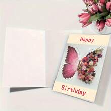 1pc Beautiful Floral & Butterfly Happy Birthday Greeting Card,School Supplies,Back To School