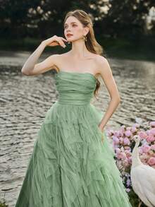 Đầm cưới cúp ngực lãng mạn, chân váy xếp tầng bằng vải voan bồng bềnh, dáng chữ A, hoàn hảo cho các đám cưới cổ điển, lễ tốt nghiệp, dạ hội. - màu xanh lá - Xem 7