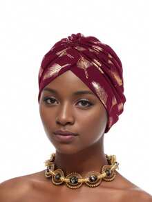 1pc Feather Foil Print Turban Hat, Cap, Chemo Cap, Conceals Gray Hair, Headwear Hair Sleep Cap - Feather Hot Stamping - View 6