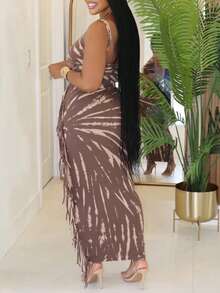 女士休闲日常度假优雅性感无袖露背上衣和流苏下摆长裙两件套，夏季 - 藕粉色 - 查看 7