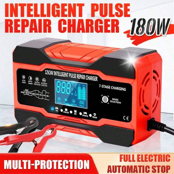 Smart Car Battery Charger For Auto Accessories, 180W, 10A12V, 5A24V On-Board Charger, Seven-Stage Charging Function, Battery Maintainer, Trickle Charger, Float Charger And Desulfurizer, Suitable For 12V/24V Lead-Acid Batteries, Including Calcium, Gel And AGM, Wet, EFB.