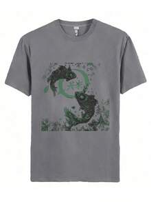 2025 Unisex Summer New Hot Selling T-Shirts- Gray Cat Sitting On A Rock With A Katana Beside It, Surrounded By Autumn Leaves - 灰色 - 查看 1