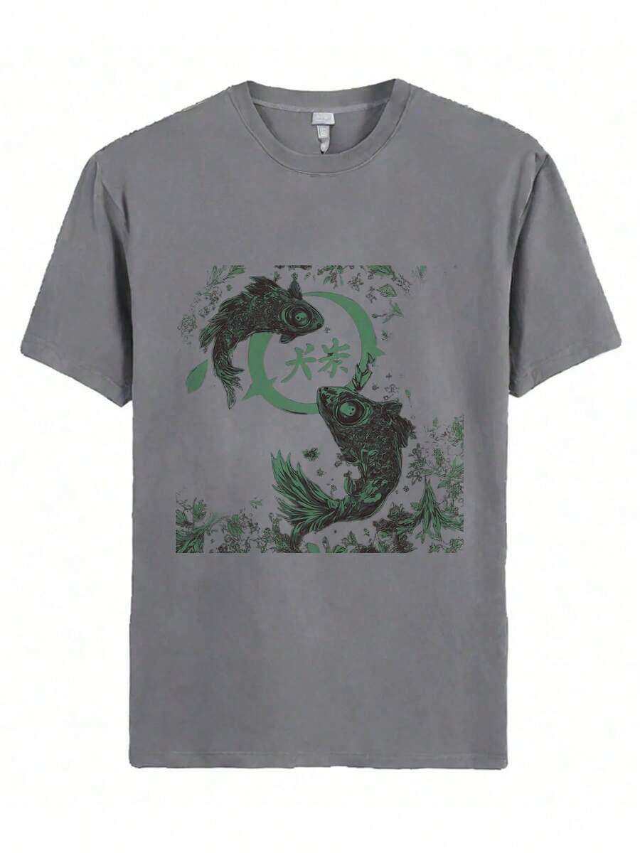 2025 Unisex Summer New Hot Selling T-Shirts- Gray Cat Sitting On A Rock With A Katana Beside It, Surrounded By Autumn Leaves - 灰色 - 查看 1