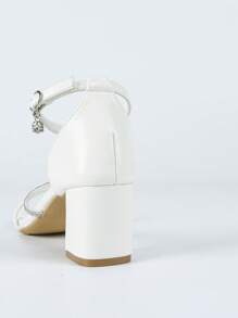 Sandalias de mujer con tira con cristales, punta cuadrada y tacón ancho, estilo elegante para ir al trabajo, de piel blanca brillante para verano, versátil calzado de tacón alto para fiesta y eventos