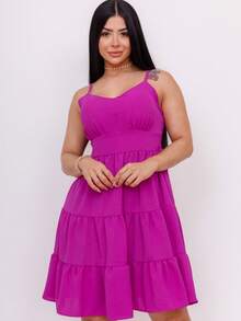 Women's Midi Dress With Straps In Duna Fabric, Loose And Lined - 玫瑰紅 - 查看 1