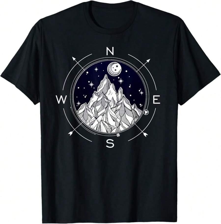 Camiseta de exterior "Wanderlust" - Camiseta tipo boho con diseño de brújula de montaña - Negro - Ver 1