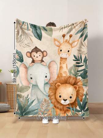 1 pieza Manta suave estampada con animales del bosque de estilo acuarela como elefante, mono, jirafa y león, cálida y para todo el año, adecuada para la sala de estar, sofá, salón, dormitorio, viajes, camping, como regalo