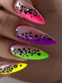 Instantly Upgrade Your Look With 24pcs, Long Press On Nails, Creative, Fashionable, Colorful French, Press On Nails, Black Spots, Silver Glitter Decoration, Y2K Personalized Hot Girl Nail Art, Ellipse Long Press On Nails, Nail Set, Suitable For Girls And Ladies For Daily, Holiday, And Party Nail Decoration+1 Piece Of Jelly Glue+1 Rubbing Strip