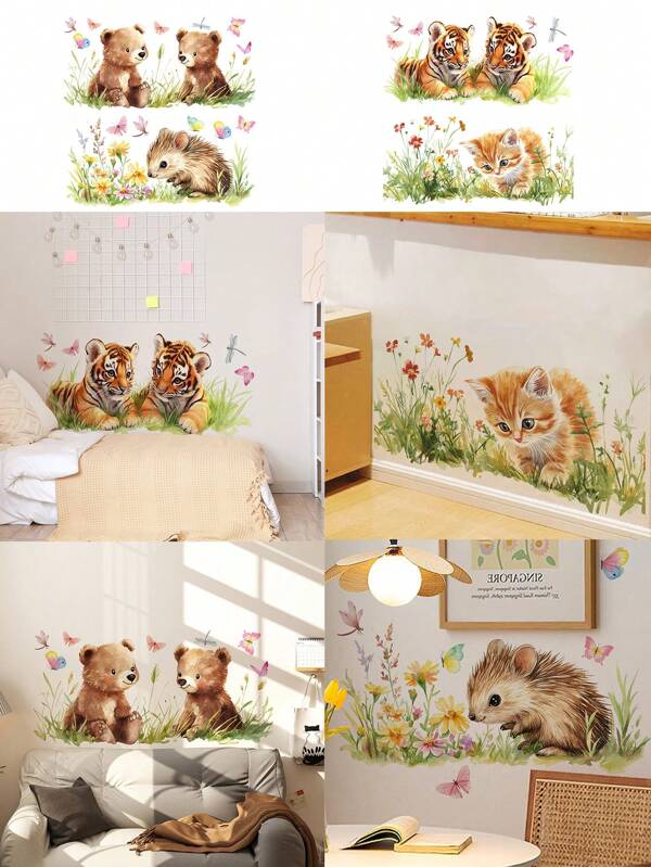 1pc Cartoon Animal Tiger, Panda & Kitten Wall Sticker, Self-Adhesive Wall Decor For Living Room & Bedroom