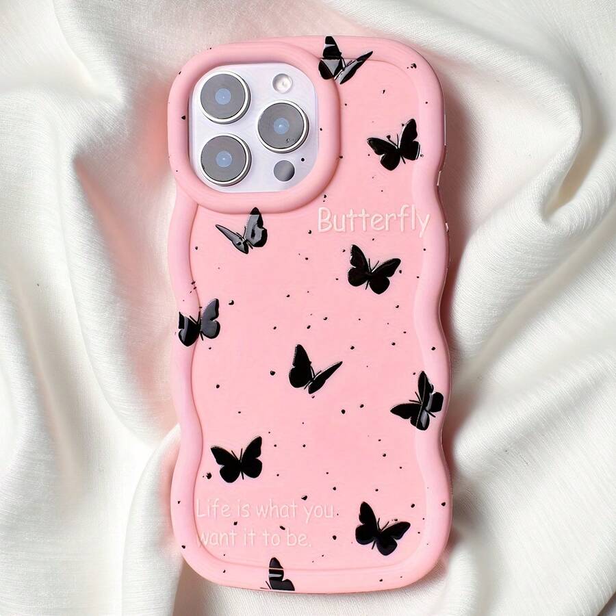 1 pieza Funda de teléfono con diseño de mariposa amarilla y letra simple, con relieve encantador, color macaron, de silicona suave con onda lisa y estilo crema, cubierta protectora compatible con Samsung/Apple/Transsion/INFINIX/SMART/OPPO/RENO/REALME/VIVO/Honor/Redmi, resistente al agua, a los golpes, a las caídas y a los arañazos, versión internacional, no la versión nacional