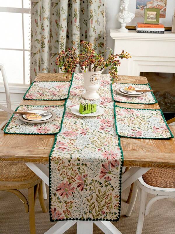 1 pieza Camino de mesa con bordado floral rosa, estilo vintage de granja con adorno de encaje verde, mantel rectangular para mesa de café, gabinete de TV, fiesta, cumpleaños, jardín, fondo para fotografía, para todo el año
