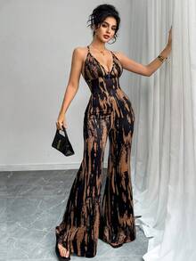 女士性感优雅撞色条纹V领系腰宽松阔腿连体裤 - 咖啡棕 - 查看 6