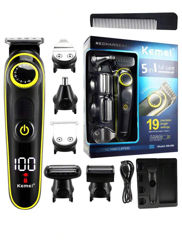 Kemei KEMEI KM-696 Kit de cuidados profissionais masculinos 5 em 1 Aparador de barba elétrico sem fio Aparador de pelos multifuncional Removedor de pelos de precisão para uso doméstico e de barbeiro