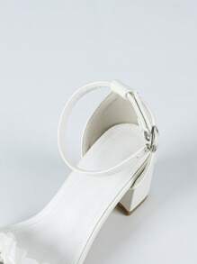 Women's White Floral Rhinestone Strap Thick Heel Sandals, Elegant Evening Party & Wedding High Heels, Summer