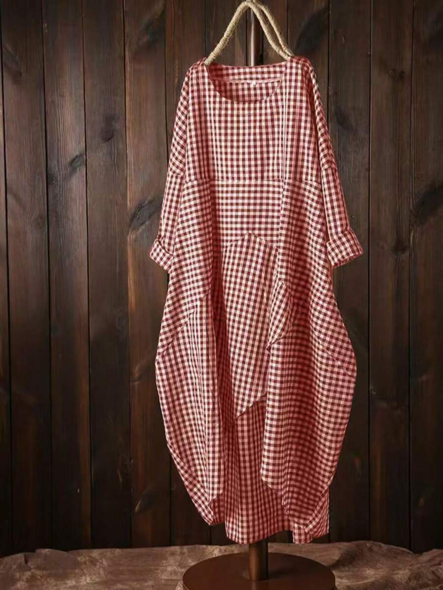 Comfortable Loose Plaid Pattern Cross Neck Elegant A-Line Dress - Red - View 1