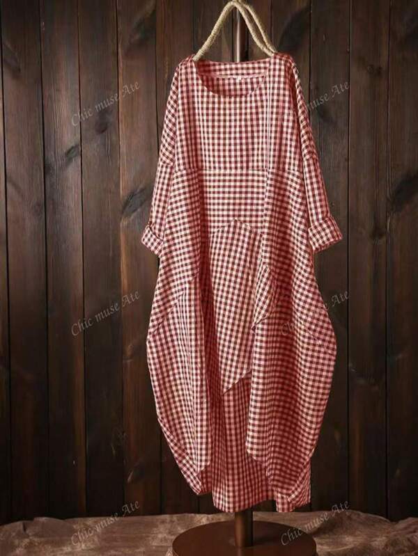 Vestido elegante de línea A con cuello cruzado y patrón de cuadros holgado y cómodo