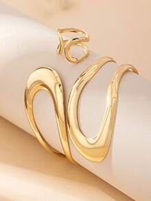 欧美夏季几何镂空手链戒指优雅首饰套装 - 金色 - 查看 4