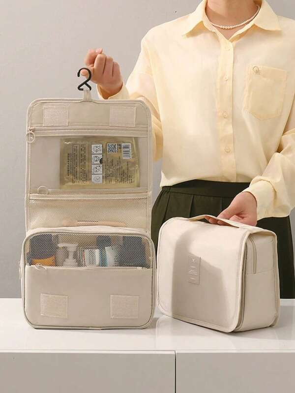 1pc Beige Multi-Functional Large Capacity Travel Toiletry Bag With Detachable Wet&Dry Compartment, Portable Handle