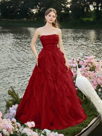 Faeriesty Romantic Strapless Wedding Dress Bridal Gown With Layered Ruffled Tulle Dress & A-Line Silhouette - Perfect For Classic Weddings, Graduation Dress, Evening Gala Receptions, Birthday Women Outfits, Bride