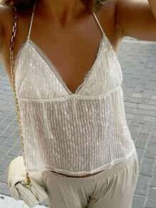 Women Tank Tops Sequins V-Neck Tie-Up Halter Neck Casual Vests Summer Sleeveless Tops Streetwear