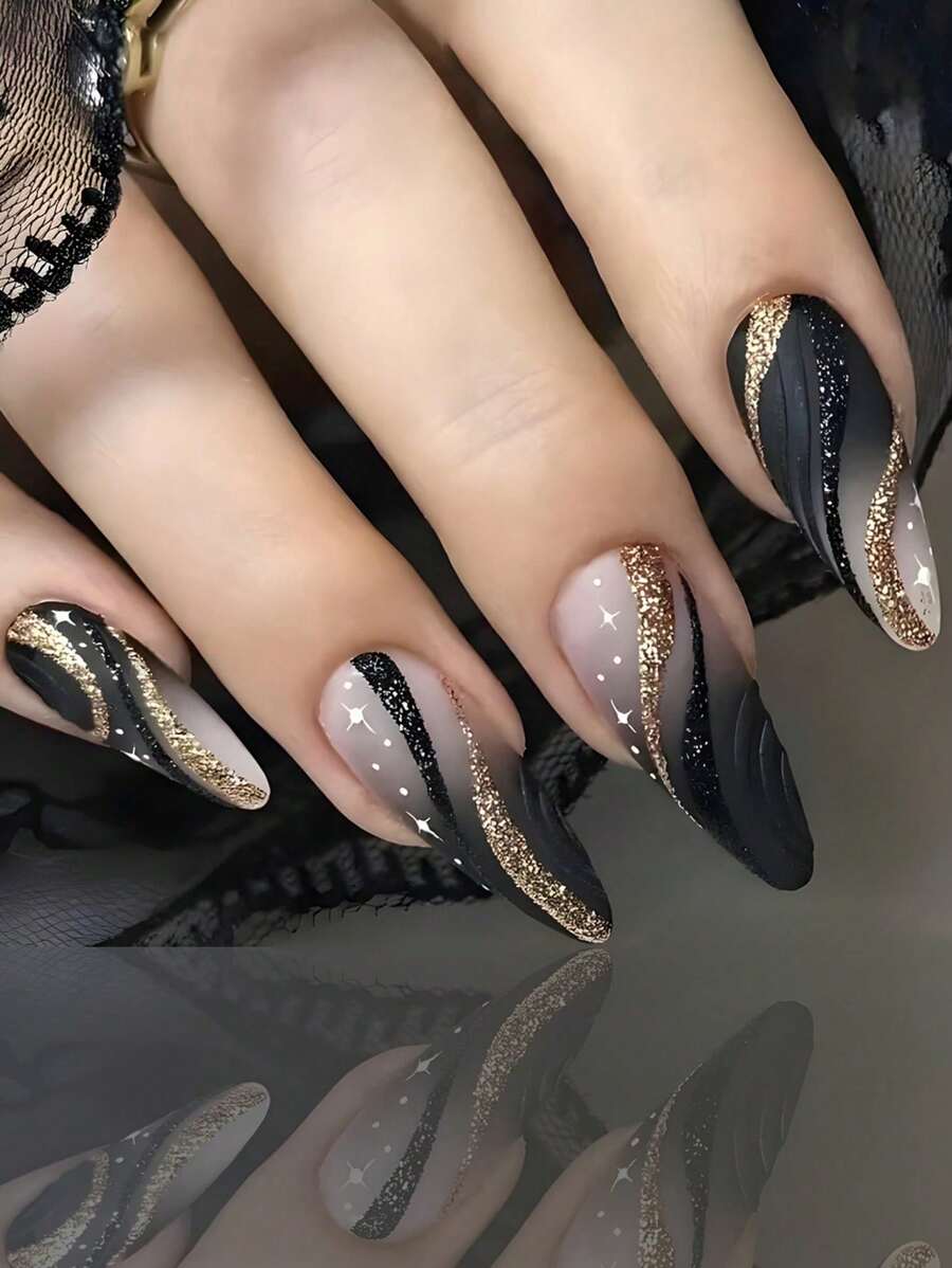 24pcs/Pack Almond Shape Gradient Black False Nail Art Stickers With Glitter Wave Pattern