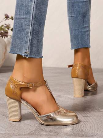 New Women Summer Party Sexy Wood Grain Silver Round Toe Thick High Heel Ankle Strap Sandals