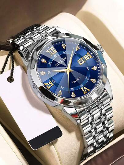 1 件男士黑白商务罗马刻度石英表，合金表带和表壳，父亲节、生日、周年纪念礼物