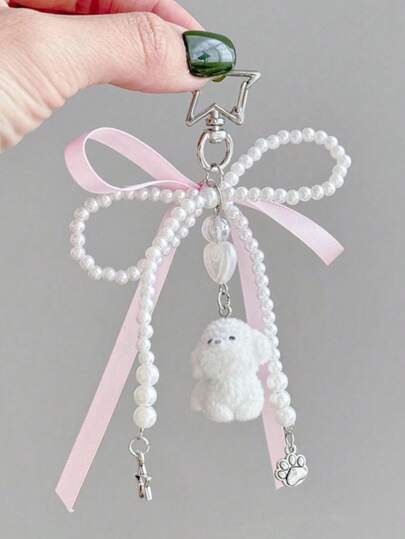 1 Peça Pingente de Cachorro Deitado Fofo Decorado com Laço e Coração, Ornamento Unissex, Chaveiro Personalizado, Adequado para Formatura, Dia dos Namorados, Eid Al-Adha, Presente de Natal