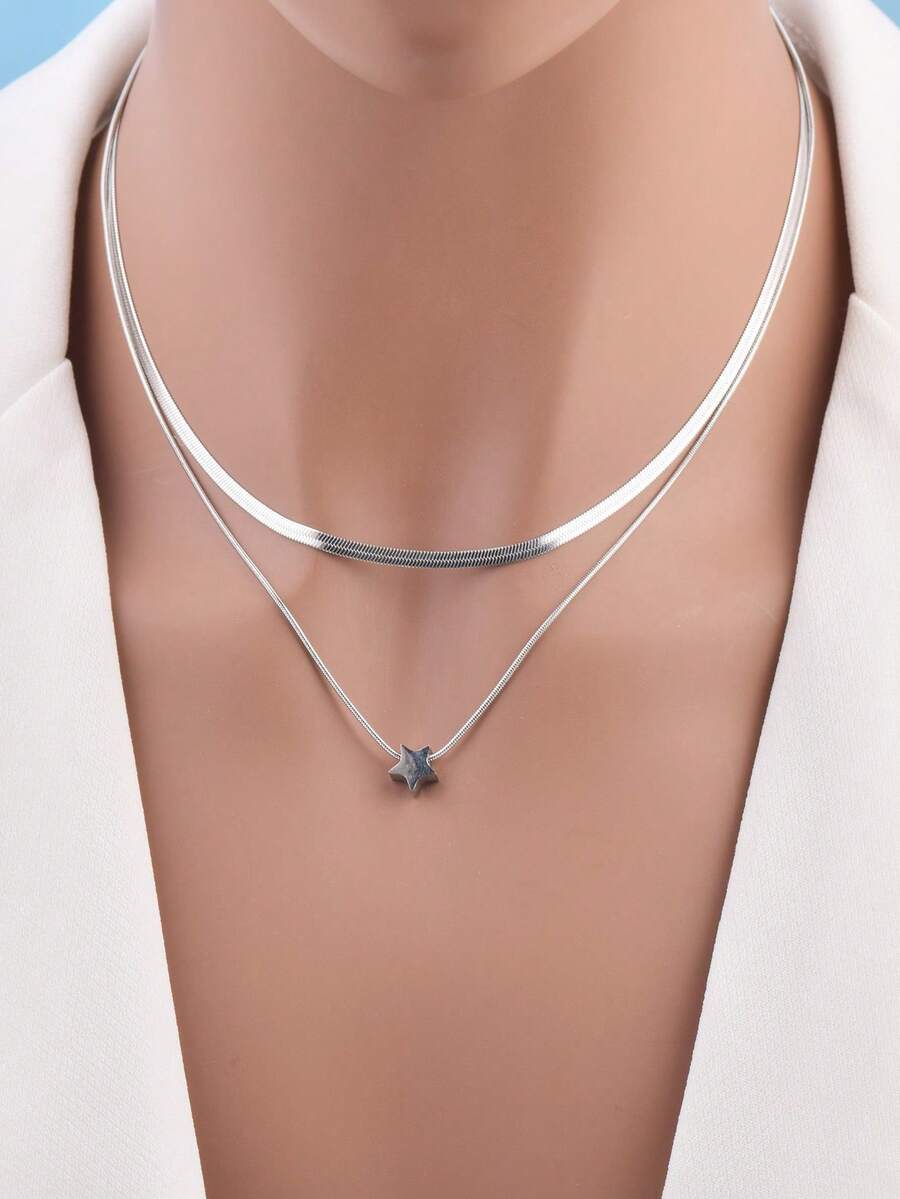 2pcs Stainless Steel Polished Pierced Star Pendant, Gold Plated Snake Chain Necklace, Women Everyday Jewelry