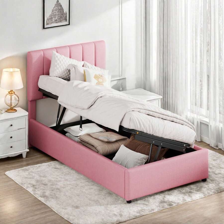 Letto per bambini, letto imbottito per bambini 90x200 cm, letto contenitore con contenitore, letto singolo per bambini, biancheria da letto delicata sulla pelle, rosa
