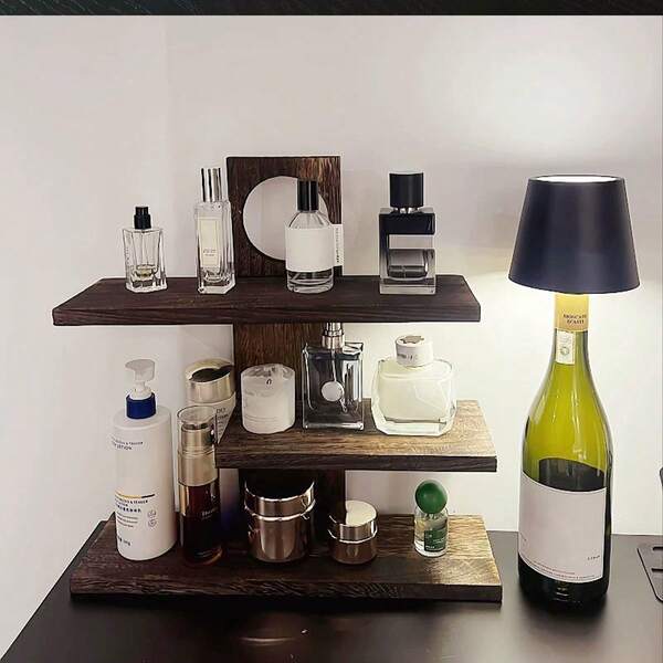 1pc Home Fragrance Shelf, Multi-Layer Makeup Organizer, Fragrance Display Stand, Vintage Wooden Cosmetic Storage Rack, Vanity Counter
