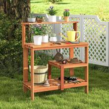 GOFLAME Garden Potting Bench Table With Storage, Outdoor Wood Planting Workstation With Open Shelves And Teak Oil Finish, Patio Horticulture Work Bench For Backyard - 橘色 - 查看 9
