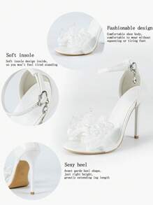 Women's White Crystal Flower Decor Open Toe Strappy High Heel Sandals, Elegant Romantic Style For Weddings Parties In Summer