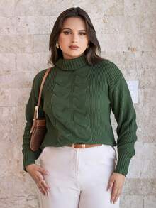 Women's Cold Weather Sweater Turtleneck Wool Puff Sleeve Knitted Knit Braids - Army Green - View 4