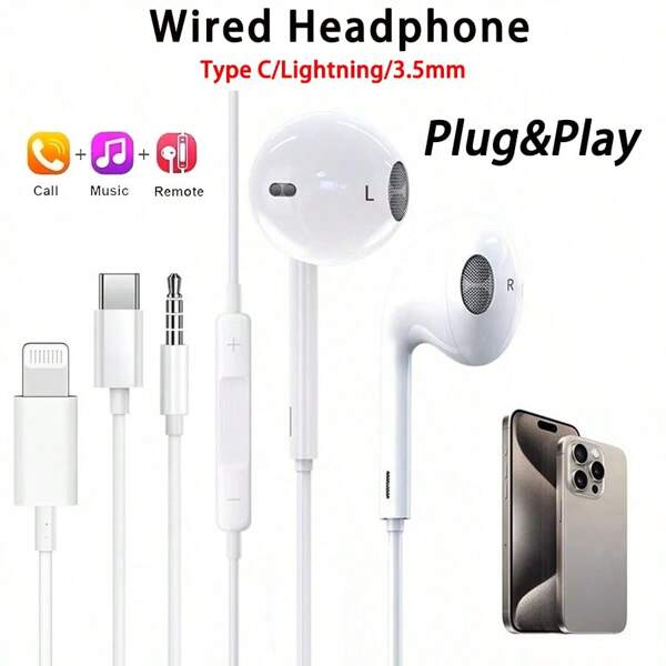 USB C Lightning Earphone In-Ear Type C Wired Headphone With Mic Type C Earbuds 3.5mm AUX Jack Earpiece Compatible With Samsung,IPad,Apple,Vivo,OPPO