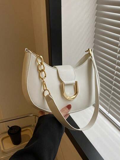 2025春夏新款优雅简约时尚纯色单肩包通勤质感腋下包法式链条单肩包轻巧商务休闲小拉链流浪包时尚黑色金属装饰适合少女、女大学生、新手和白领非常适合办公室、学院、工作、商务、通勤、户外、旅行、户外、叛逆新月女包