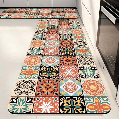 1/2片装硅胶厨房垫，高端田园风格撞色拼接图案，奢华时尚风格，缓冲防疲劳厨房地毯，厚度约3毫米，吸水性强，简约硅胶软橡胶垫，适用于厨房、浴室、玄关、洗衣房、书房、客厅等空间。