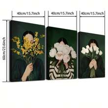 3pcs Optional Frame Canvas Print Decorative Painting,Emerald Green Floral Women Stripe Abstract Wall Arts Posters,Vintage Japandi Eclectic Art Style,Suitable For Living Room, Bedroom,Ideal Wall Art Home Decor Gifts