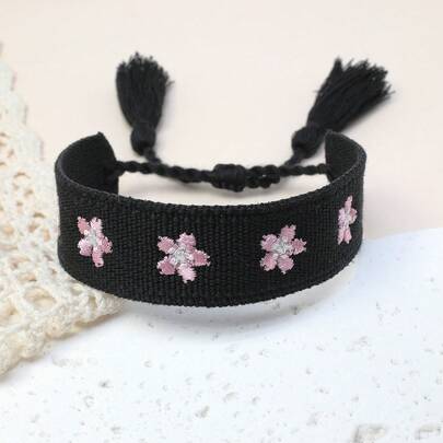 1pc Handmade Embroidered Floral Sakura Braided Adjustable Boho Tassel Bracelet, Suitable For Friends, Family, Students, Holiday Gifts, Party, Travel, Wedding Wear
